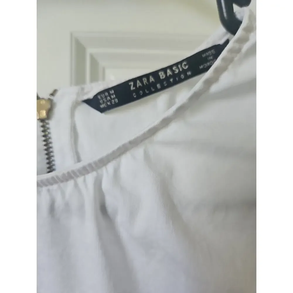Zara Basic White Puff Sleeve Crop‎ Top Blouse Exposed Back Zipper Womens Medium
